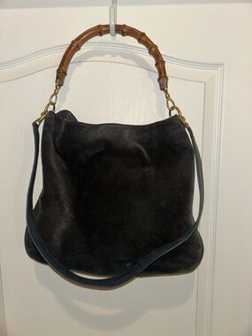 Gucci Navy Blue Suede Shoulder Bag with Bamboo Handle and Detachable Strap
